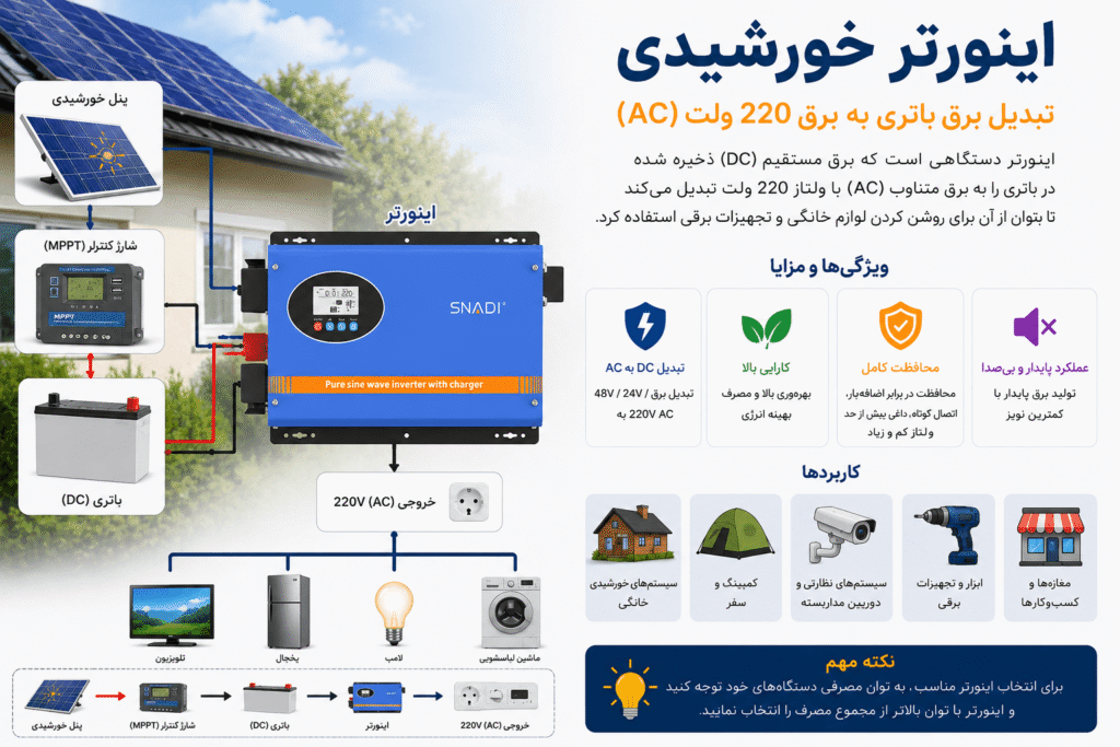 اینورتر باتری (Battery Inverter) — تبدیل برق DC باتری ۱۲/۲۴/۴۸ ولت به برق AC ۲۲۰ ولت برای مصرف خانگی، کمپینگ و backup اضطراری