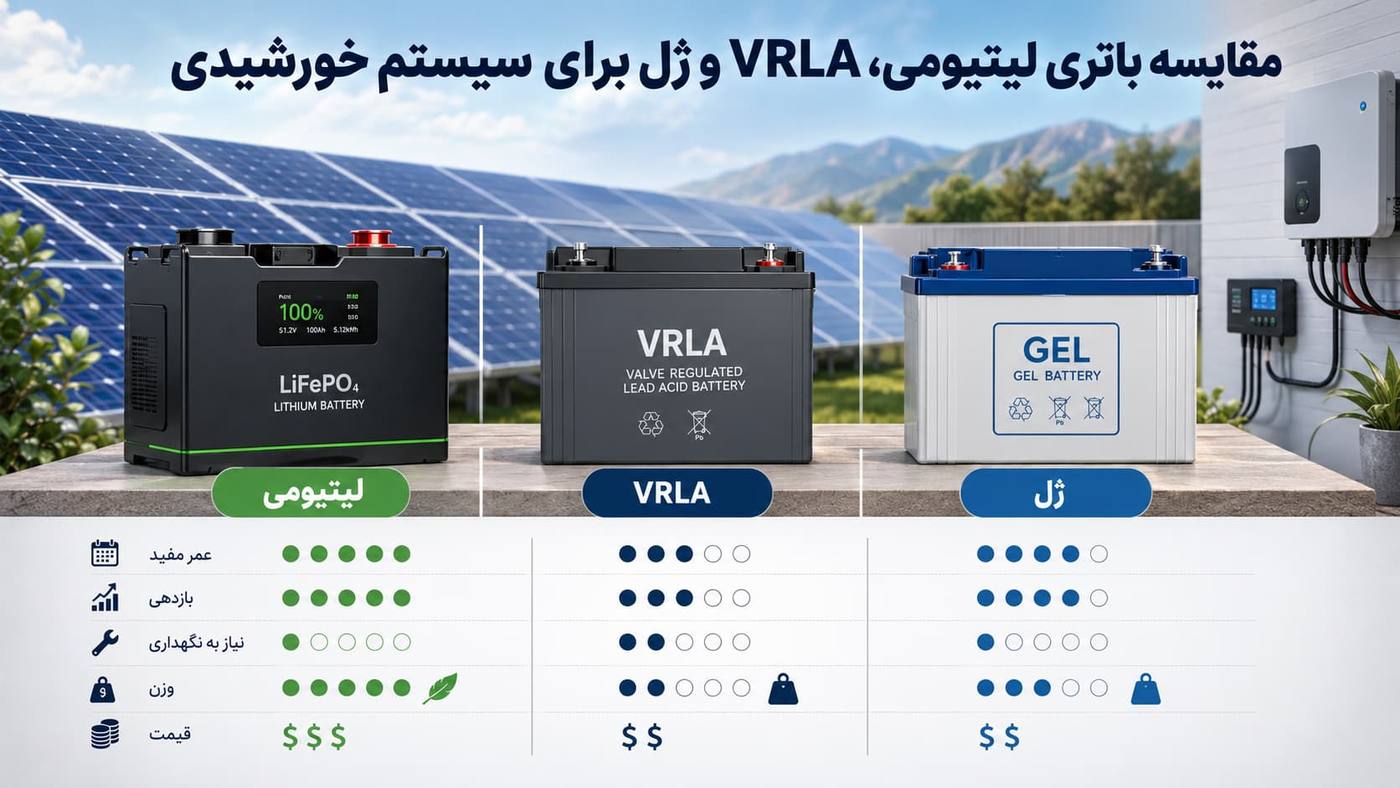 مقایسه باتری لیتیومی، اسیدی سیلد (VRLA) و ژل برای پنل خورشیدی — راهنمای جامع ۱۴۰۵ 1 مقایسه باتری لیتیومی LiFePO4، اسیدی سیلد VRLA و ژل برای سامانه پنل خورشیدی