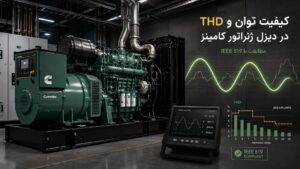 دیزل ژنراتور کامینز کنار Power Analyzer با نمایش THD مطابق IEEE 519 — راهنمای کیفیت توان
