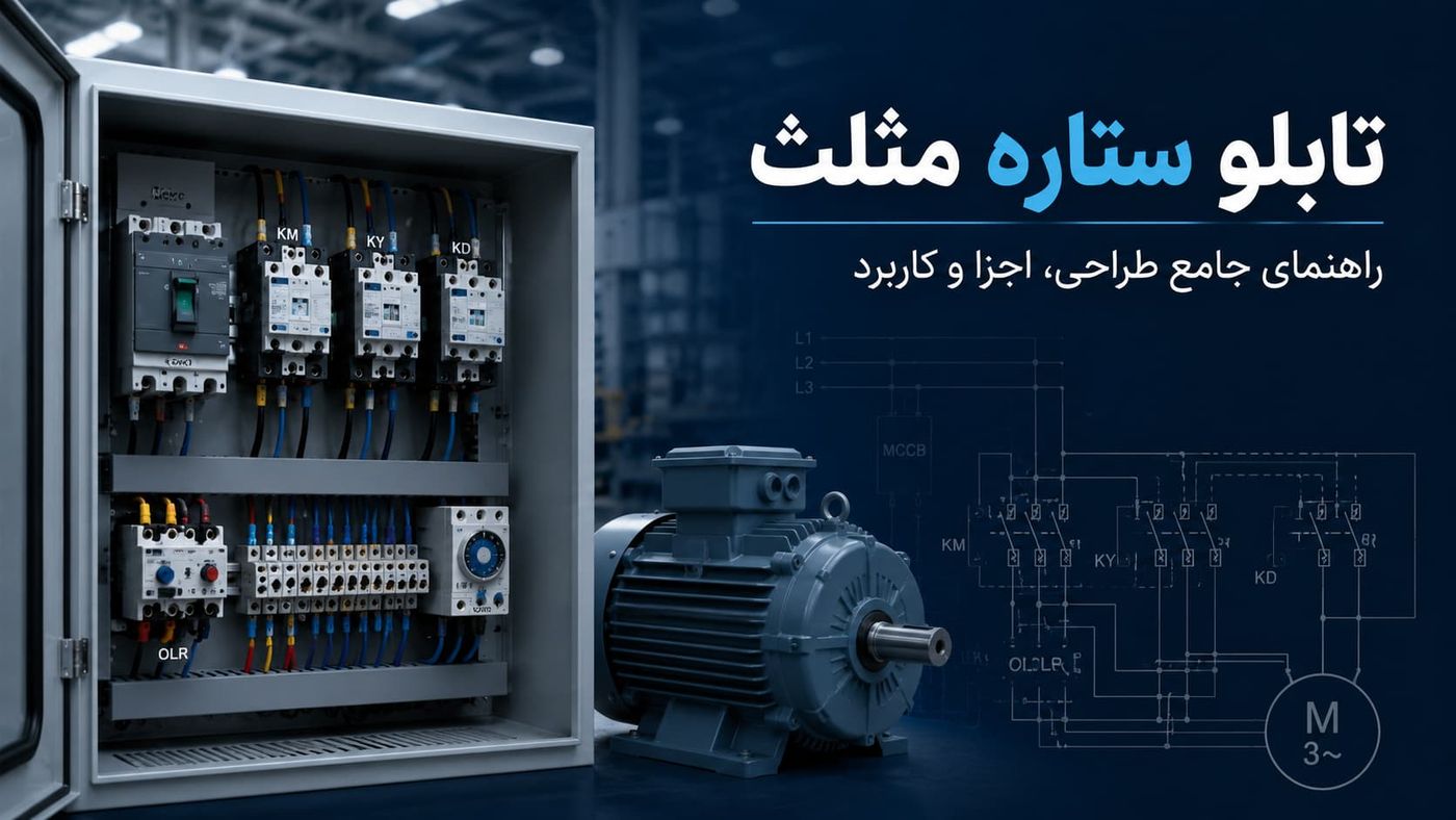 تابلو ستاره مثلث — راهنمای جامع طراحی، اجزا و کاربرد در صنعت ۱۴۰۵ 1 تابلو ستاره مثلث (Star-Delta) — کنتاکتورهای KM/KY/KD، رله حرارتی OLR، MCCB و موتور سهفاز