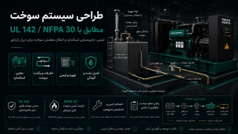 طراحی سیستم سوخت دیزل ژنراتور ولوو پنتا — مخزن روزانه، مخزن اصلی، خط بازگشت، فیلتر آب جدا کن مطابق UL 142 و NFPA 30