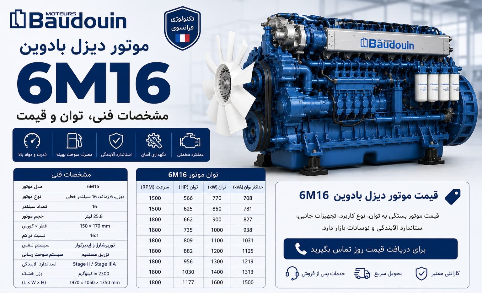 موتور بادوین 6M16: مشخصات، توان، قیمت ۱۴۰۵ | نشر نیرو 1 موتور دیزل بادوین 6M16 — ژنراتور ۱۶۰ تا ۲۲۰ کاوآ برای کارگاه صنعتی، فروشگاه بزرگ و مرکز پزشکی