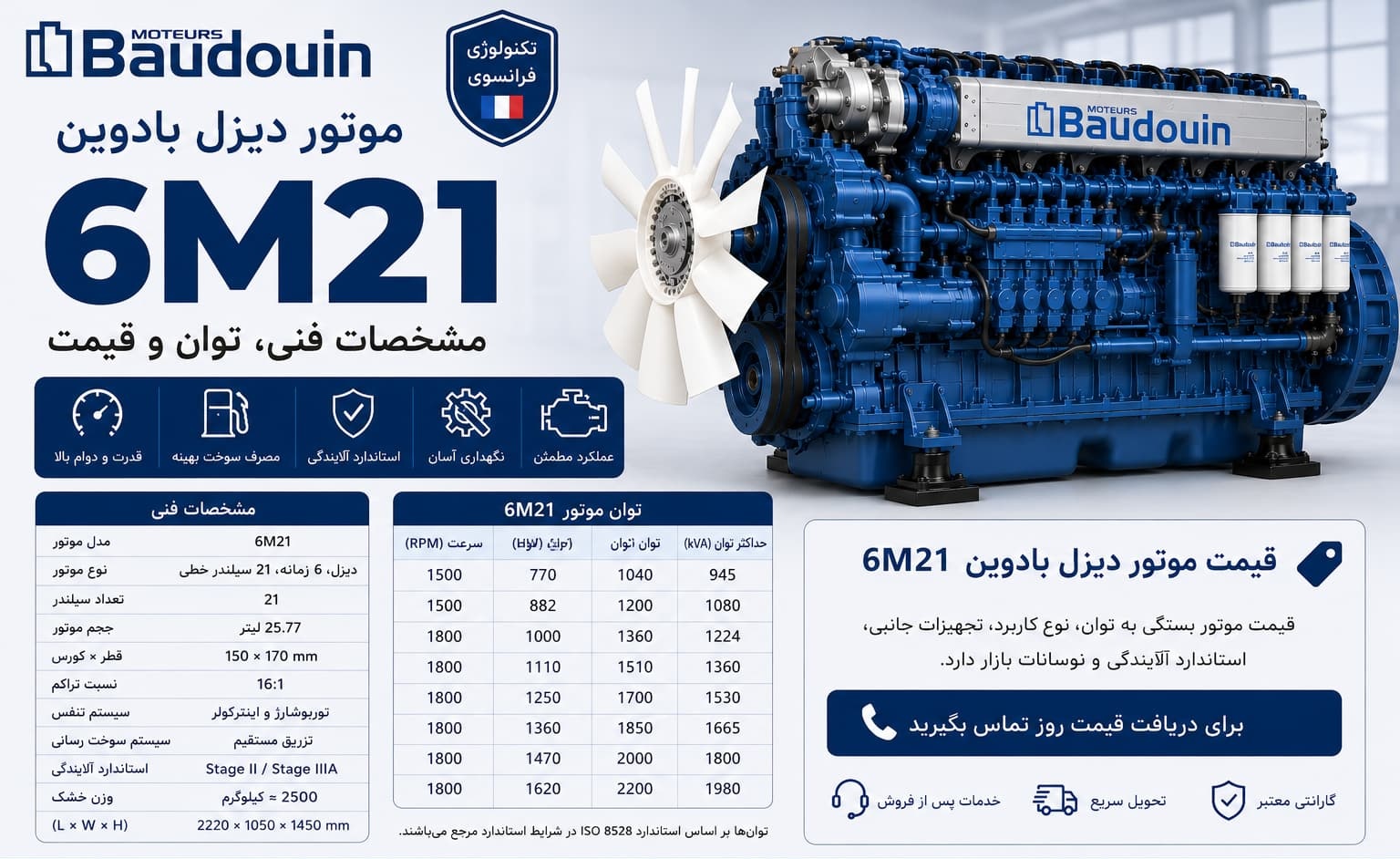موتور بادوین 6M21: مشخصات، توان، قیمت ۱۴۰۵ | نشر نیرو 1 موتور دیزل بادوین 6M21 — ژنراتور ۲۳۰ تا ۳۵۰ کاوآ برای کارخانه متوسط، دیتاسنتر کوچک و پروژه عمرانی
