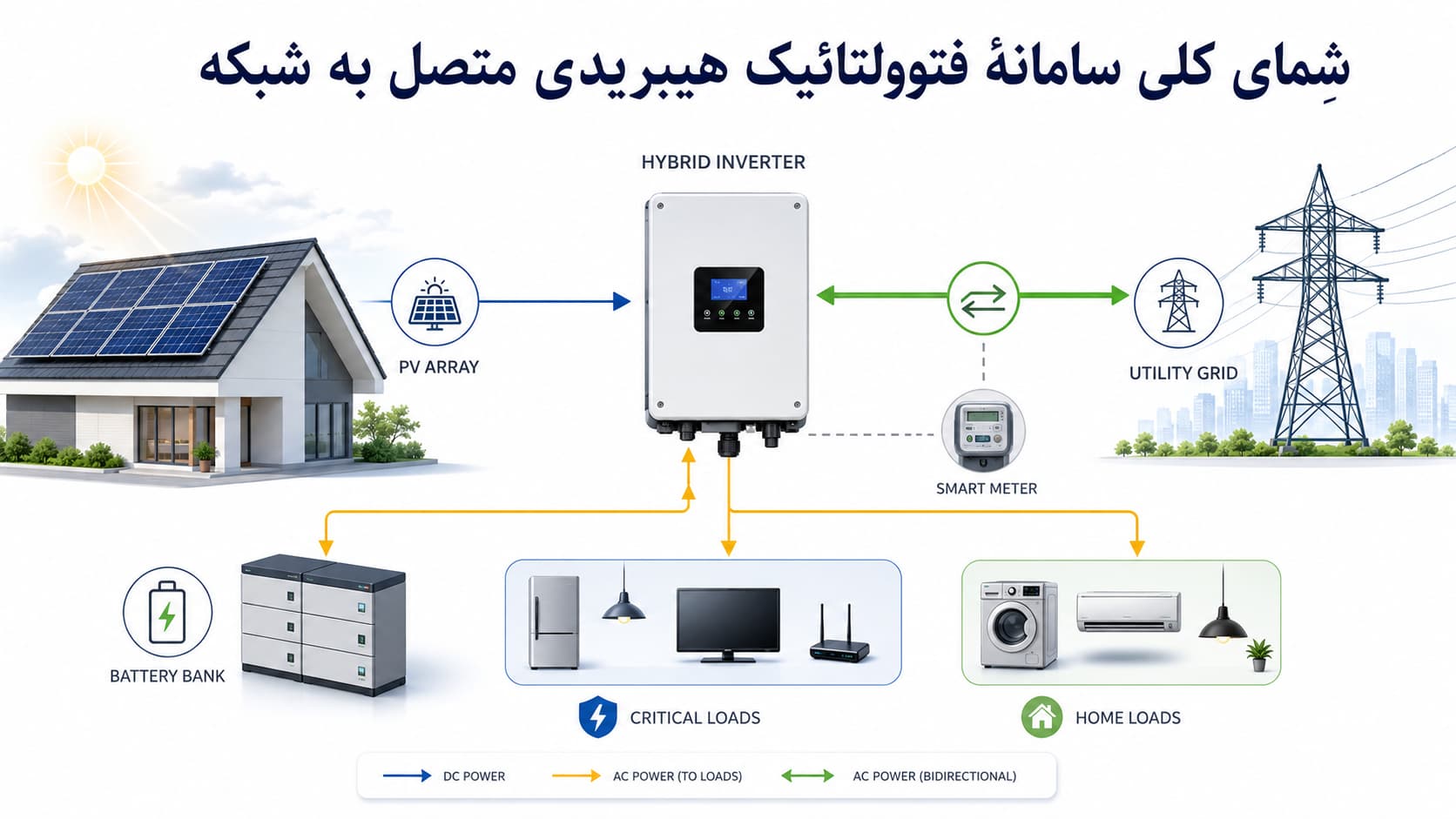 سامانه فتوولتائیک هیبریدی در نیروگاههای انشعابی؛ راهنمای جامع فنی، محاسبات و اجرا 1 شمای کلی سامانه فتوولتائیک هیبریدی متصل به شبکه: پنل، اینورتر هیبریدی، باتری، خروجی اضطراری و کنتور دوطرفه